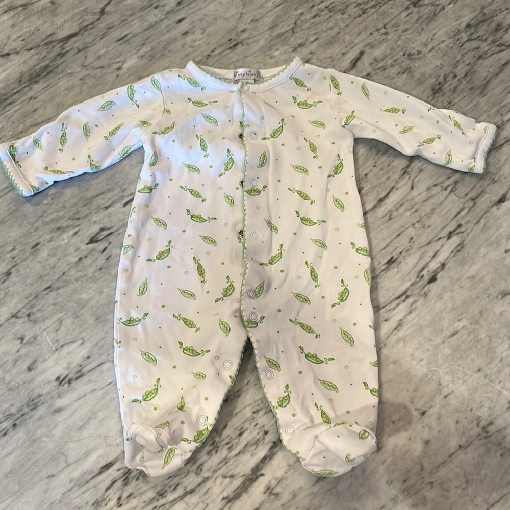 Kissy Kissy Onesies with green peas in a pod pattern, 0-3M